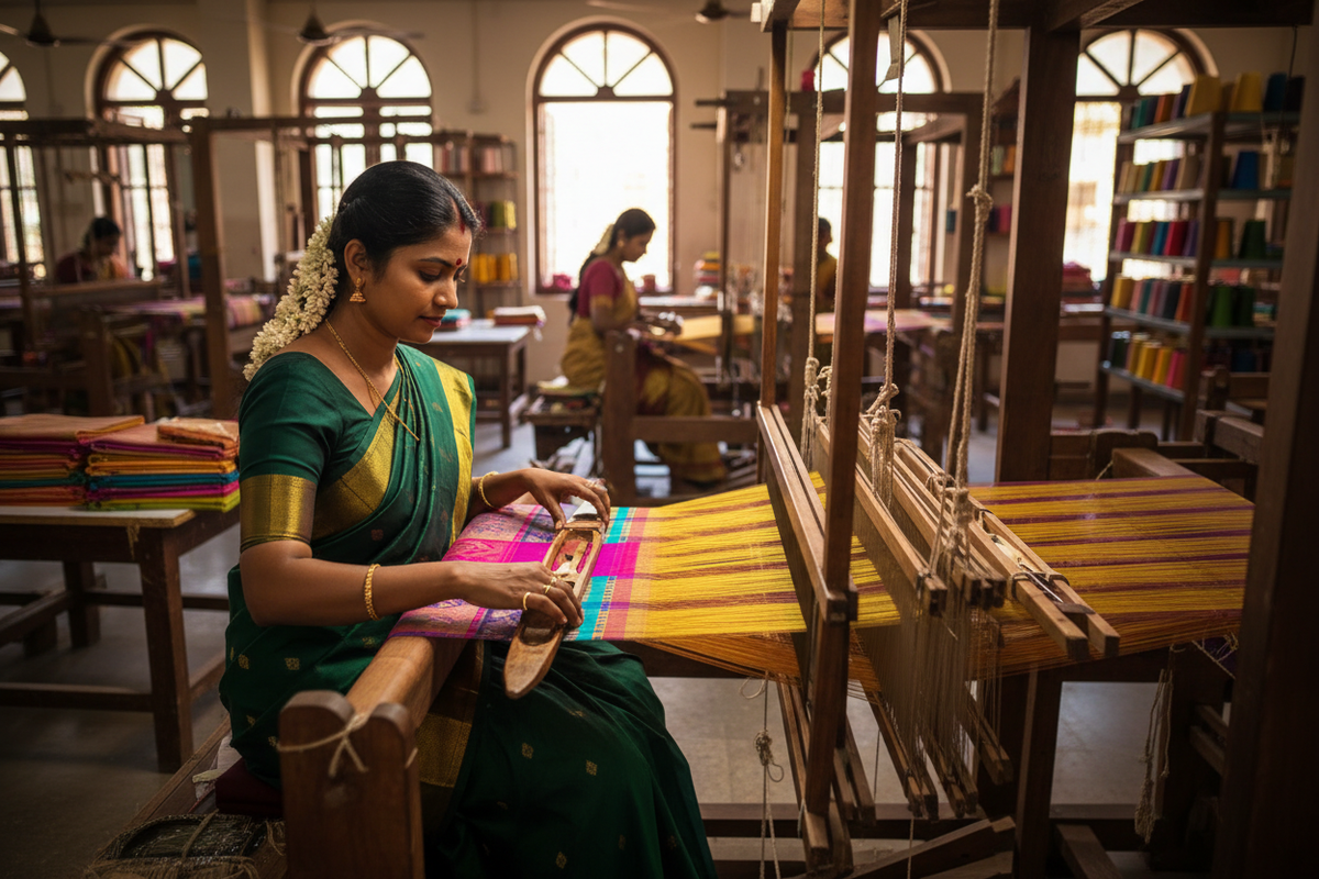 Saree handlooming process by a tamil women in a background of saree making factory
